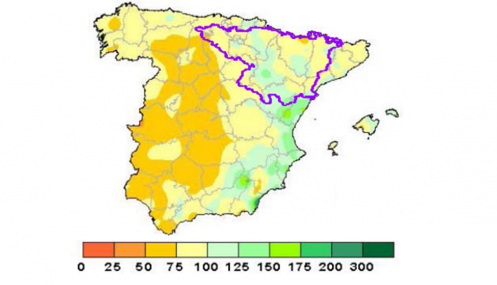Porcentaje de lluvia caída en el último año hidrológico (del 1 de septiembre de 2018 al 31 de agosto de 2019) respecto a los valores normales.