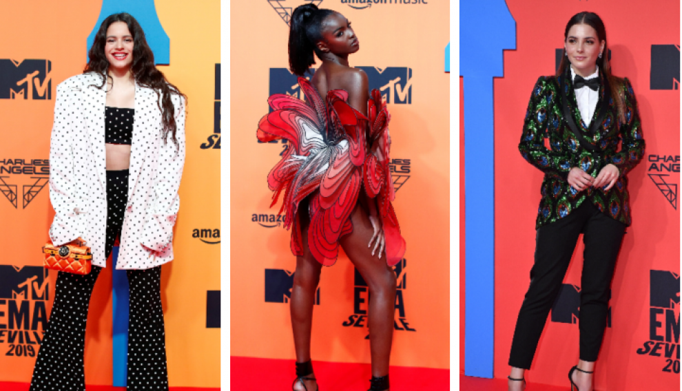Rosalía (de Balmain), Leomie Anderson (de Iris van Herpen) y Andrea Duro (de Guiseppe de Morabito).