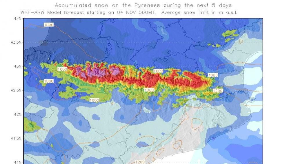 Mapa de previsión de nevadas para los próximos 5 días.