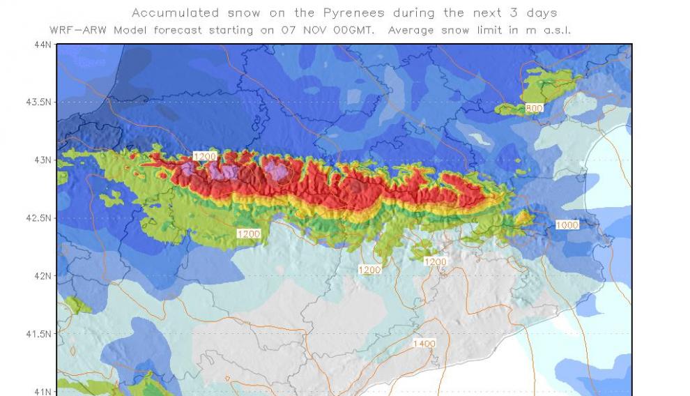 Pronóstico de nevadas en el Pirineo para los próximos tres días.