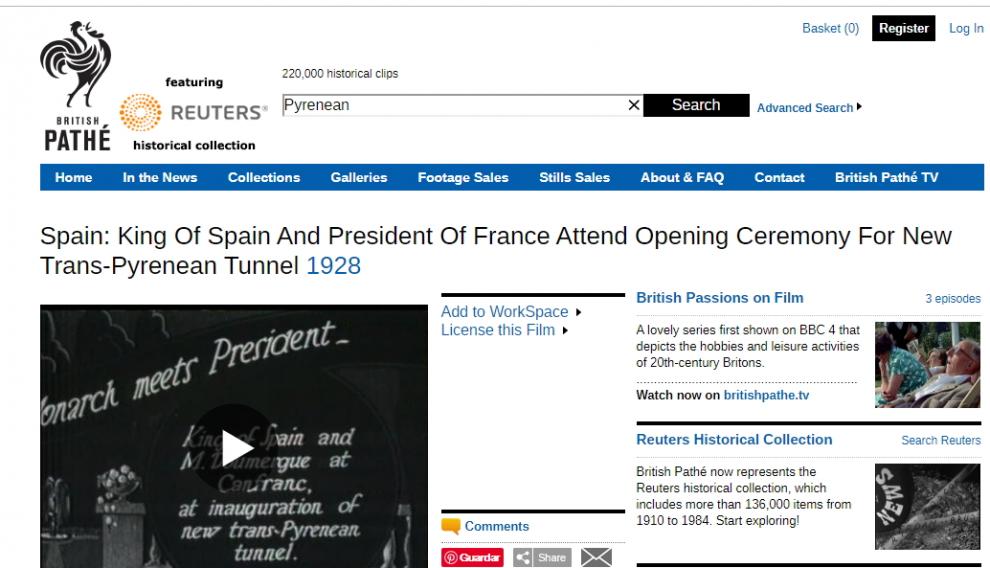 Página de British Pathé, donde está la grabación de la estación de Canfranc.