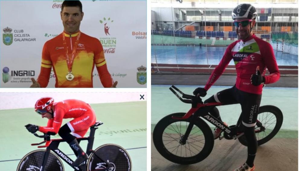 A la izquierda (arriba y abajo), Santas con la medalla de oro conquistada en la prueba de kilómetro en Galapagar (Madrid) a la que se uniría el oro en persecución individual; a la derecha, con la camiseta de su club, el Fundación Euskadi