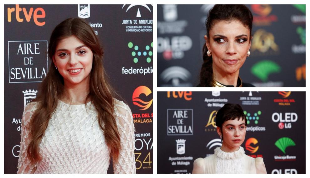Carmen Arrufat (izquierda), Maribel verdú (derecha, arriba) y Greta Fernández, se maquilleron con aplicaciones de pedrería.