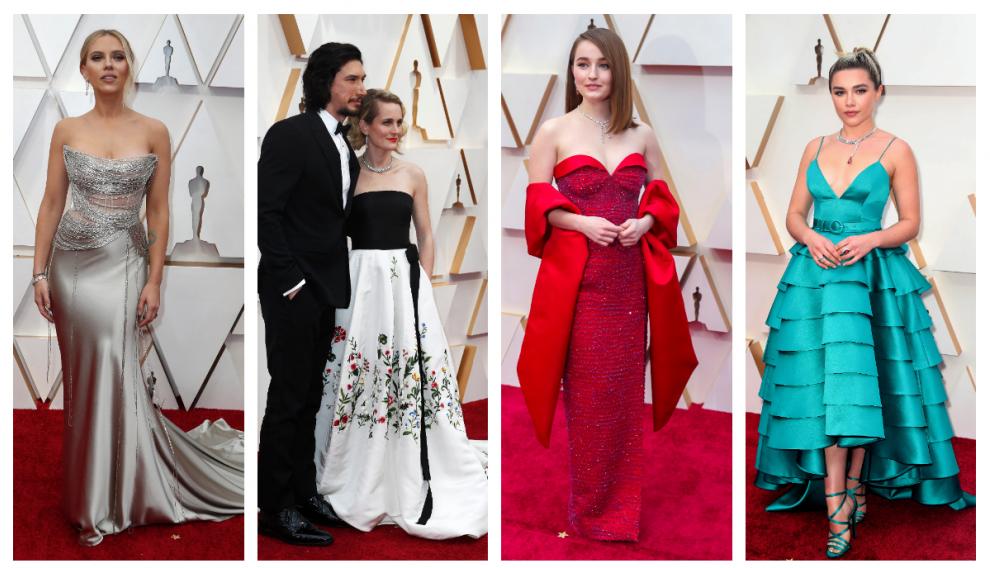 De izquierda a derech: Scarlett Johanson, Adam Driver y su mujer, Joanne Tucker, Katie Dever y Florence Pugh