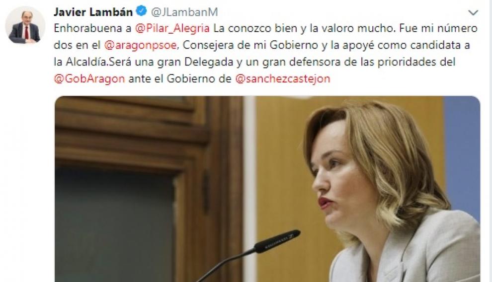 Imagen del tuit de Javier Lambán
