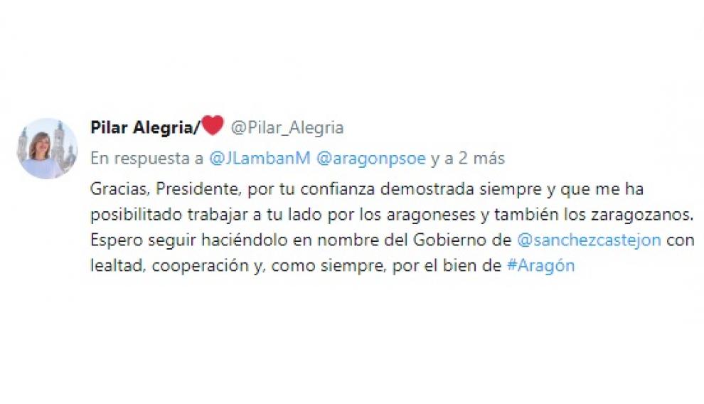 Respuesta de Pilar Alegría al tuit de Lambán