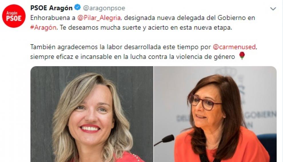 Tuit del PSOE-Aragón