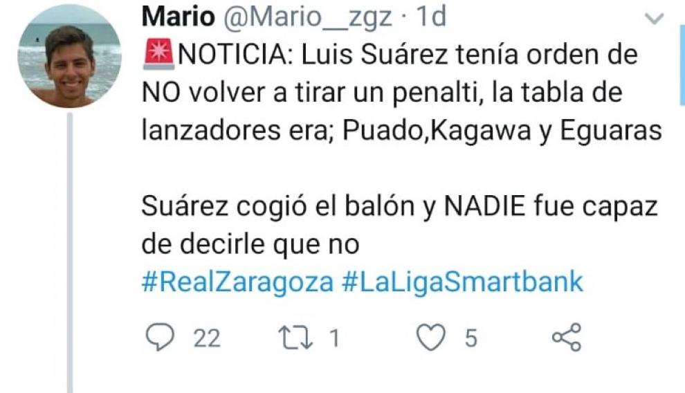 Captura del tuit que ha dado lugar a la respuesta de la mujer de Luis Suárez