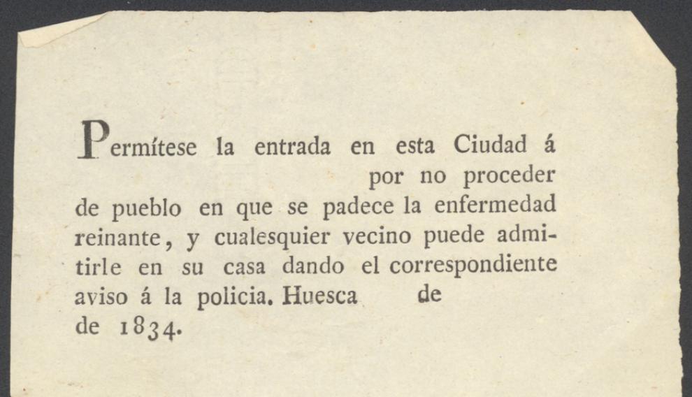 Billete que autorizaba a entrar en Huesca por proceder de un lugar sin enfermedad en 1834.