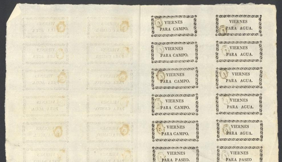 Impreso con papeletas para salir en viernes "para campo", "para agua" o "para paseo", del año 1834.