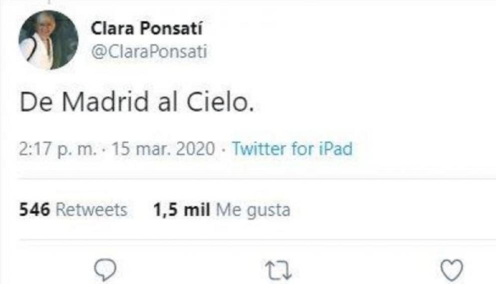 Tuit de Clara Ponsatí.