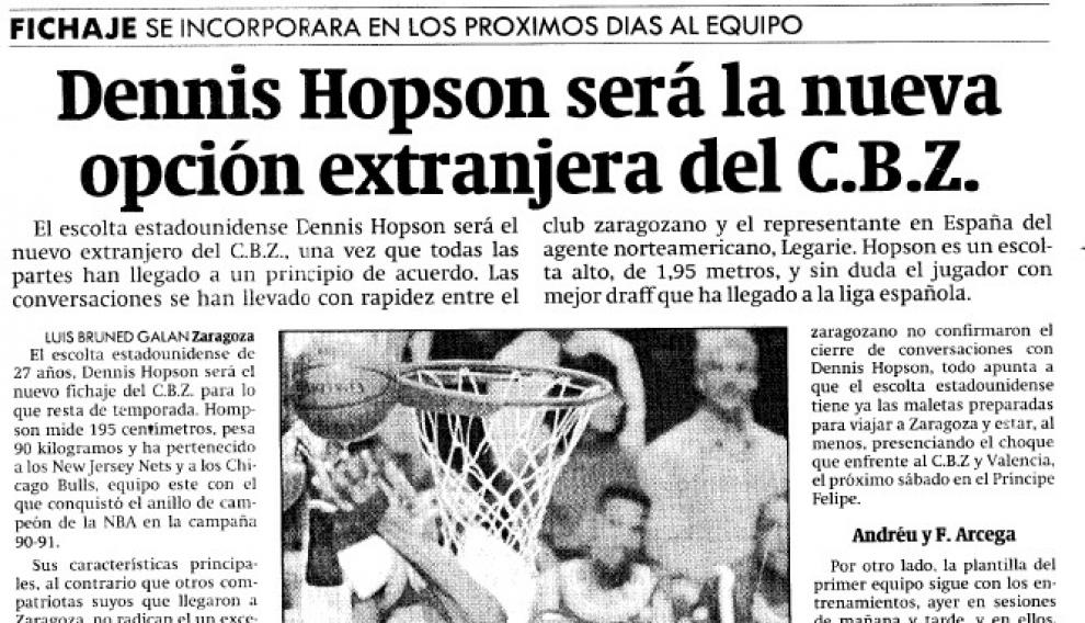 Información de HERALDO sobre el fichaje de Dennis Hopson en noviembre de 1992.