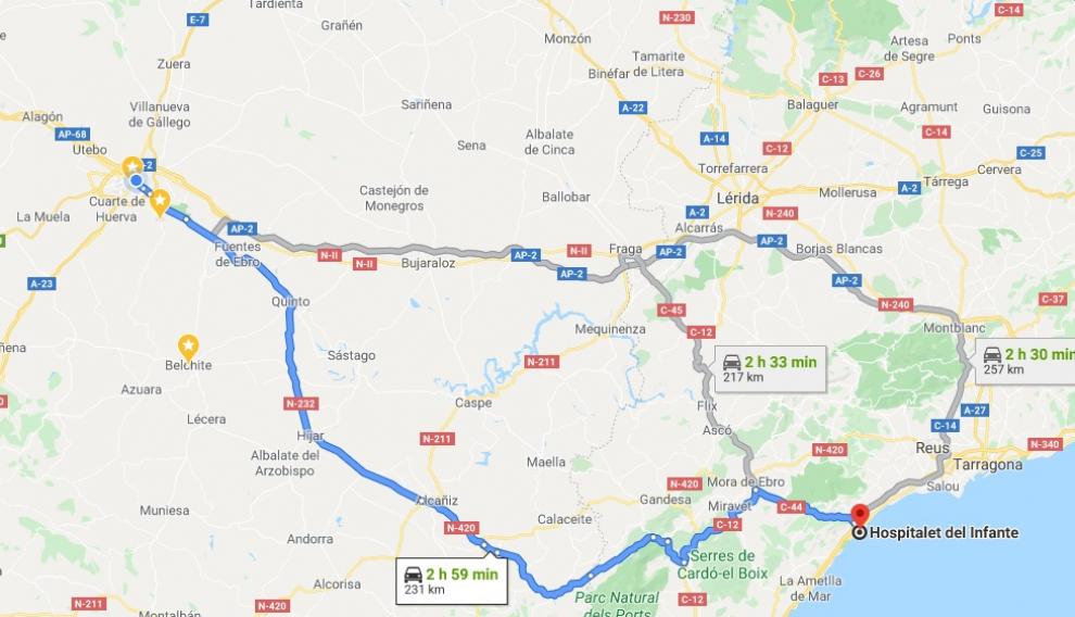 Mapa con las rutas más habituales entre Zaragoza y Salou.