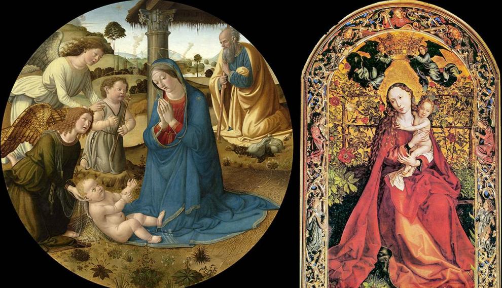 ‘De aanbidding van het kind’ de Cosimo Rosselli y ‘Madonna in Rose Garden’ de Martin Schongauer, dos ejemplos de vírgenes con plantas de fresa a sus pies.