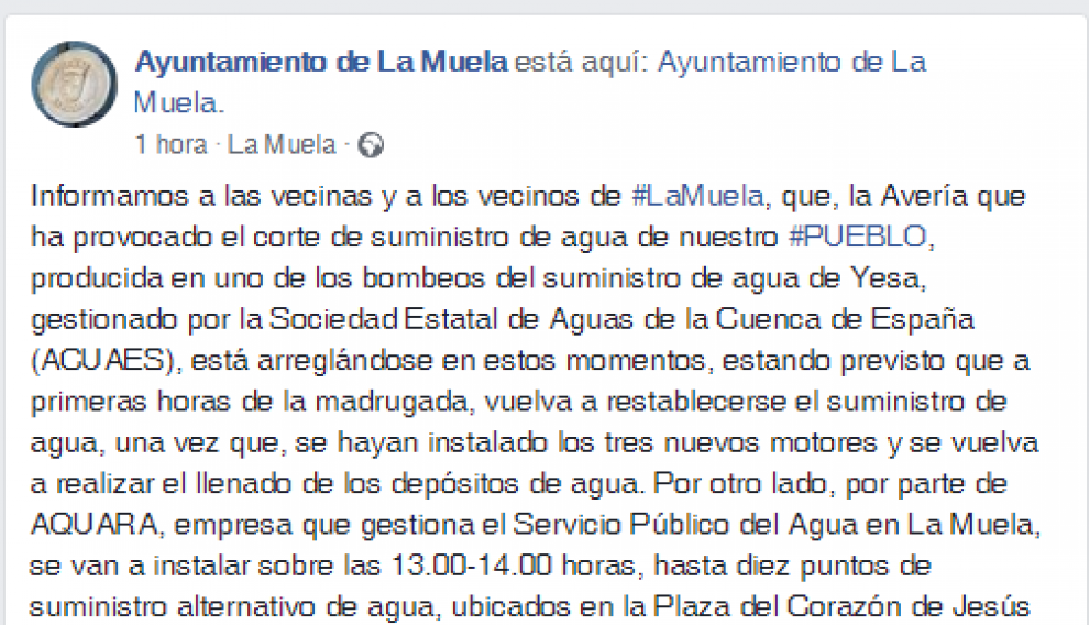 Información del Ayuntamiento de La Muela a través de Facebook.