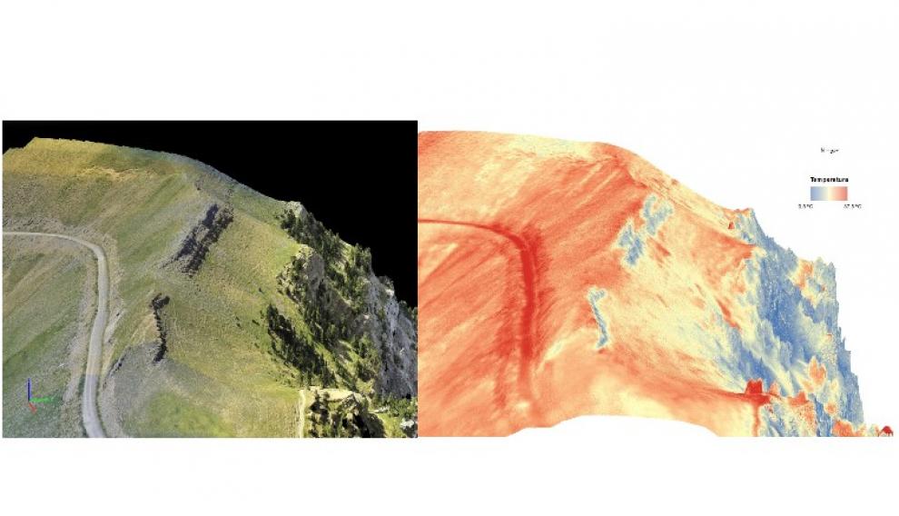 Una zona con vertientes norte y sur del Parque Nacional de Ordesa y Monte Perdido, vista en imagen digital (izquierda) y en imagen térmica en 3D (resolución de 3 cm) obtenida a partir de 200 imágenes tomadas por un dron.