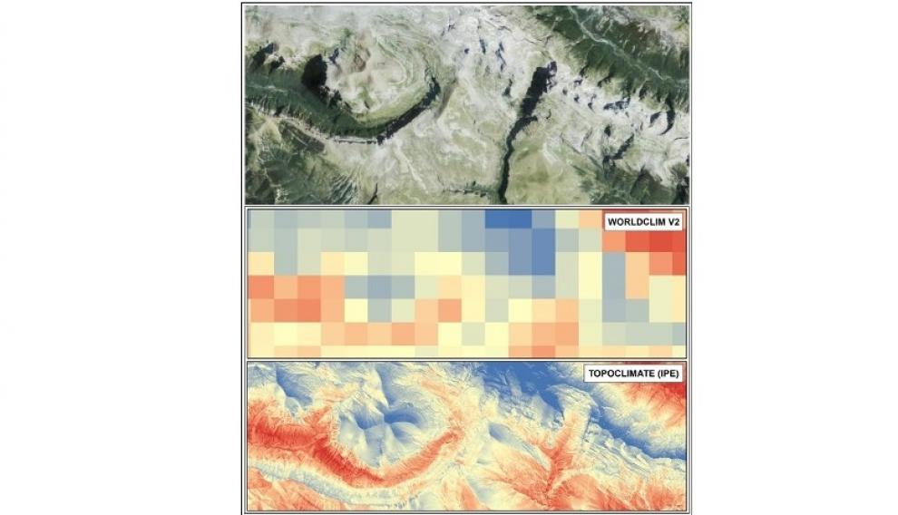 Arriba: ortofotografía aérea en RGB de los valles de Ordesa, Añisclo y Pineta. En el centro: imagen térmica obtenida de la base de datos climática WorldClim (1 km de resolución). Abajo: imagen térmica del modelo topoclimático generado con datos de iButtons y variables topográfico-ambientales obtenidas a partir de datos LiDAR (5 m de resolución), obtenidos desde aviones con tecnología láser.