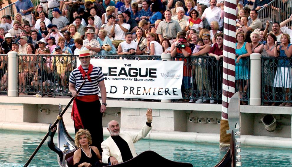 FILE PHOTO: Actor Sean Connery and his wife Micheline arrive by gondola at the Venetian Resort Hotel & Casino in Las Vegas