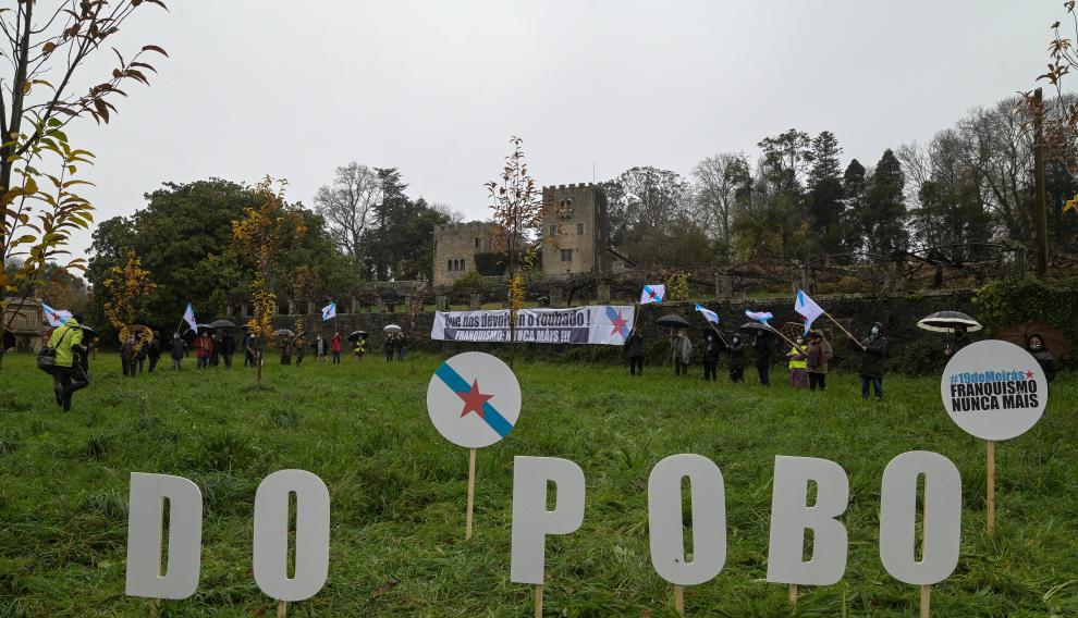 General view of Pazo de Meiras, former Spanish dictator Francisco Franco's summer palace, which is being handed over by Franco's heirs to the Spanish state in Sada, northwestern Spain, December 10, 2020. Banner reads, Give SPAIN-POLITICS/FRANCO-MEMORY
