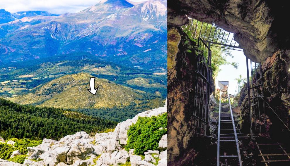 Ubicación de la cueva de Els Trocs a los pies del Pirineo Axial. Al fondo pico Gallinero y, entre la niebla, macizo del Poset. A la derecha entrada y acceso a la cueva con la vagoneta de minero para la retirada del sedimento y rocas