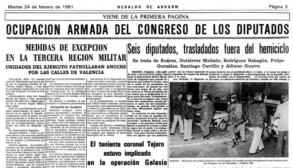 Página de HERALDO del 24 de febrero de 1981 con información del golpe.