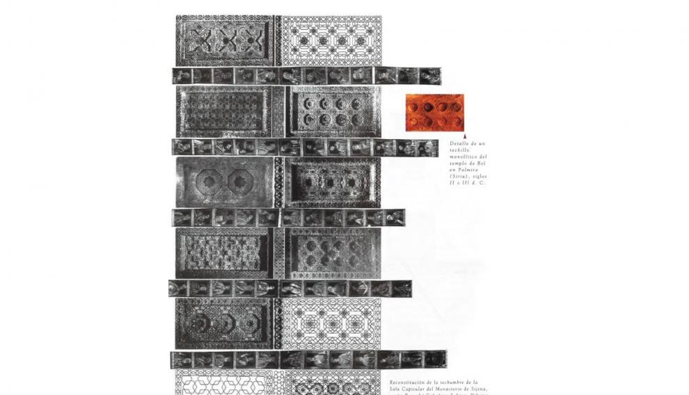 Reconstrucción de la techumbre de la sala capitular del Monasterio de Sijena, según Bernabé Cabañero Subiza. Dibujos y tratamiento informático de Jesús A. Orte, Juan José Sádaba y Martín Casanova.
