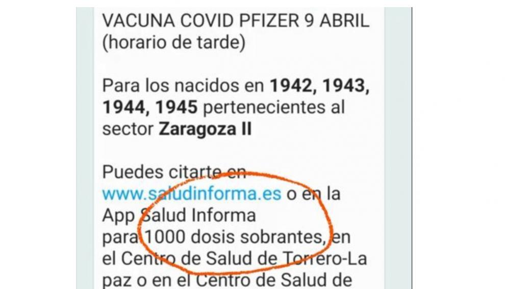 Mensaje con 1.000 vacunas sobrantes en Zaragoza.