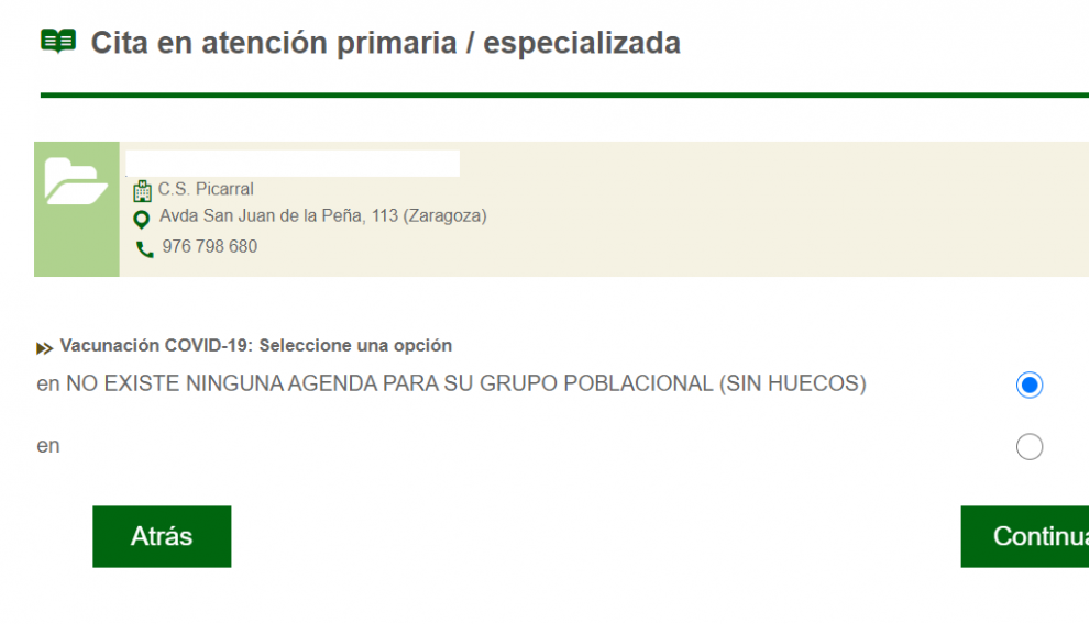 Mensaje que aparece en la aplicación de otro paciente que intentó autocitarse este miércoles.