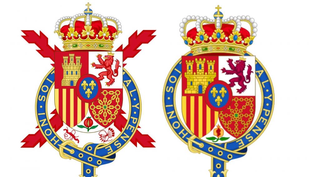 Escudos de Juan Carlos I -derecha- y de Felipe VI -izquierda-.