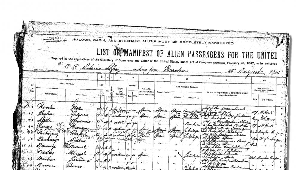 Lista de embarque en la que aparece Andrés Domingo con otros vecinos de Jabaloyas llegados a Nueva York el 25 de agosto de 1916.