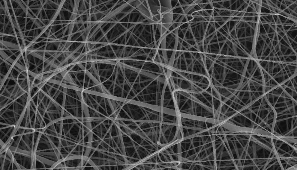 Imagen de microscopía electrónica de nanofibras de poliéster biodegradable electrohiladas en el INMA (CSIC-UNIZAR).