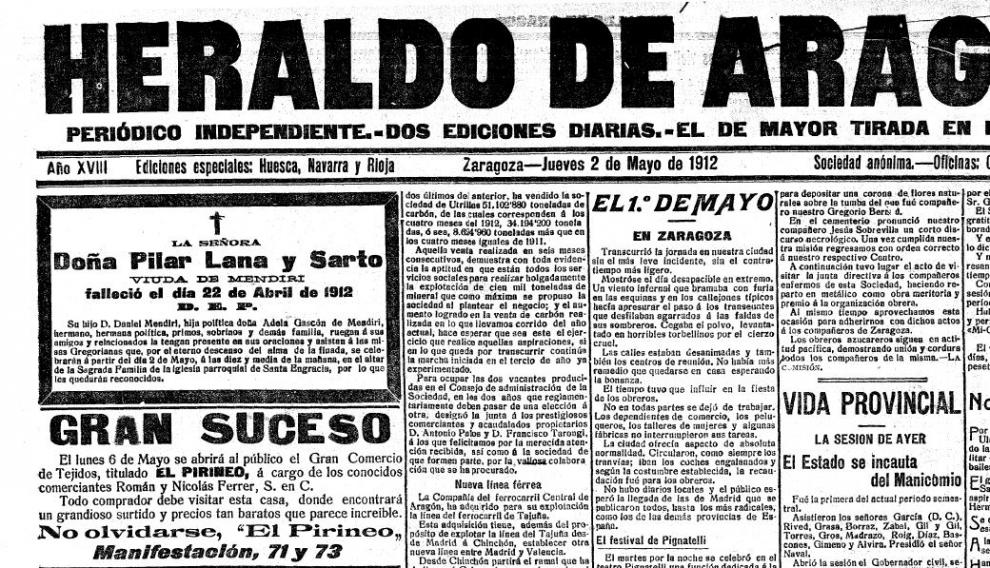 La esquela de Pilar Lana, en la primera página de Heraldo de Aragón.