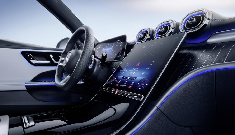Mercedes-Benz C-Klasse T-Modell, 2021, Spektralblau, Leder zweifarbig Nevagrau/Schwarz. Interieur
Mercedes-Benz C-Class Estate, 2021, spectral blue, neva grey/black leather. Interior