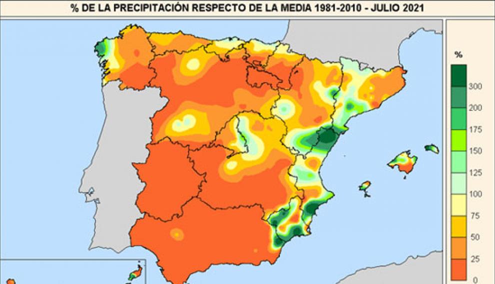 Porcentaje de la precipitación recogida en julio de 2021 respecto a los valores normales.
