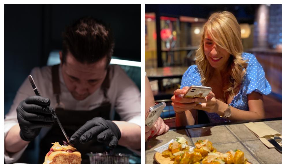 El cocinero Alejandro Viñal con su tapa de Nola Gras; y bocados del Bloody