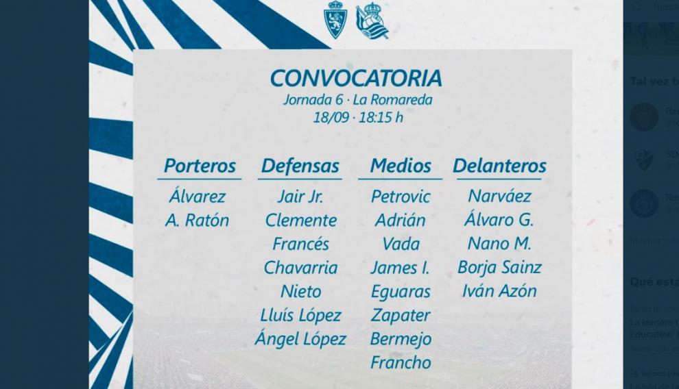 La lista de 22 convocados del Real Zaragoza para jugar ante la Real Sociedad B.