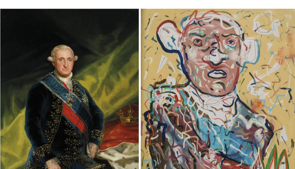 A la izda., la obra original 'Retrato del rey Carlos IV'. A la derecha, reinterpretación de esta obra por parte de Javier Remírez.