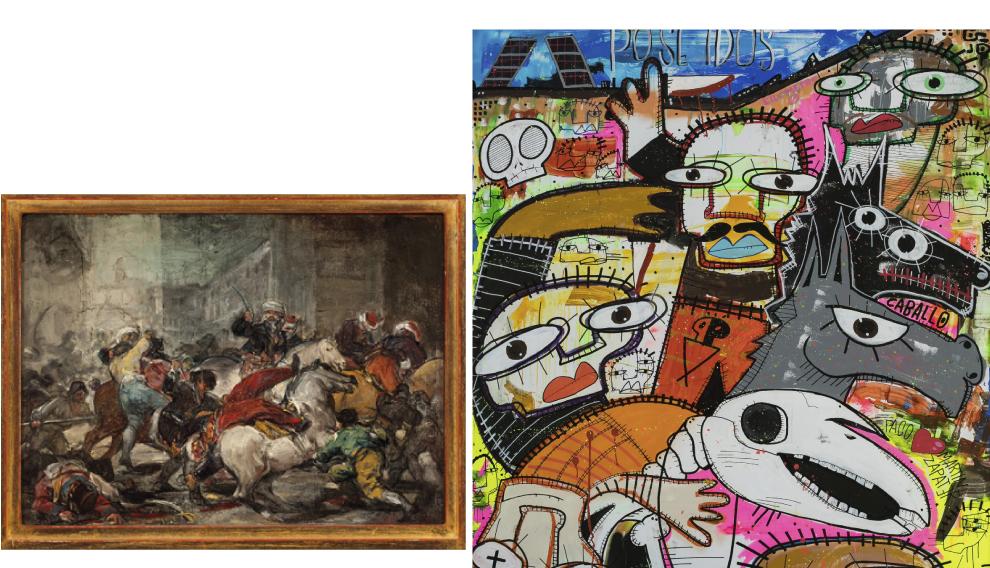 A la izda., la obra original 'El dos de mayo de 1808'. A la derecha, reinterpretación de esta obra por parte de Gejo.