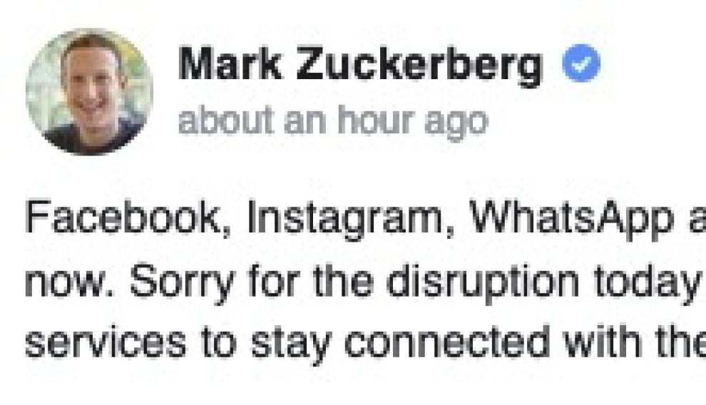 Screenshot of Facebook Chief Executive Mark Zuckerberg's post on Facebook after a nearly six-hour outage on Facebook, Instagram and WhatsApp