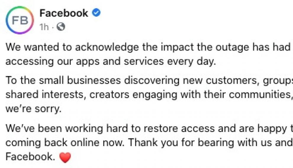 Screenshot of Facebook's post on its social media platform after a nearly six-hour outage on Facebook, Instagram and WhatsApp