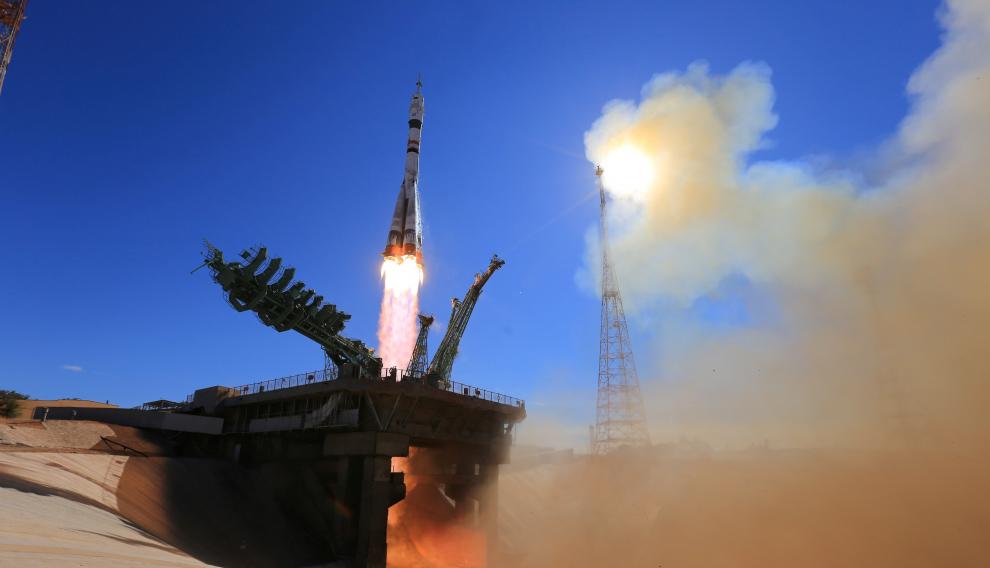 The Soyuz MS-19 spacecraft carrying ISS crew blasts off from the launchpad at the Baikonur Cosmodrome
