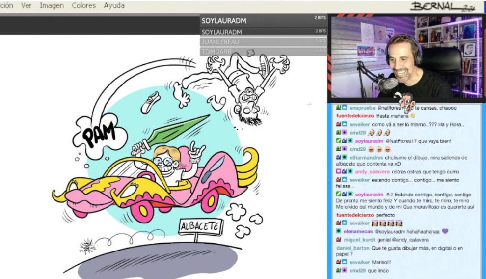 El zaragozano Bernal dibujando en directo en su canal en Twitch.