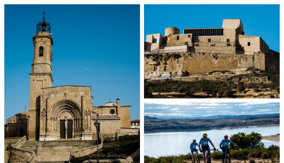 A la izqda., la iglesia de Santa María la Mayor. A la derecha, arriba, el castillo de Caspe. Abajo, ruta BTT con el Mar de Aragón de fondo.
