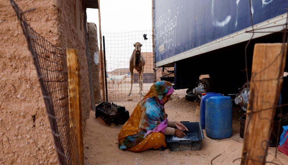 A Sahrawi woman washes her clothes outside her house at the Smara refugee camp in Tindouf