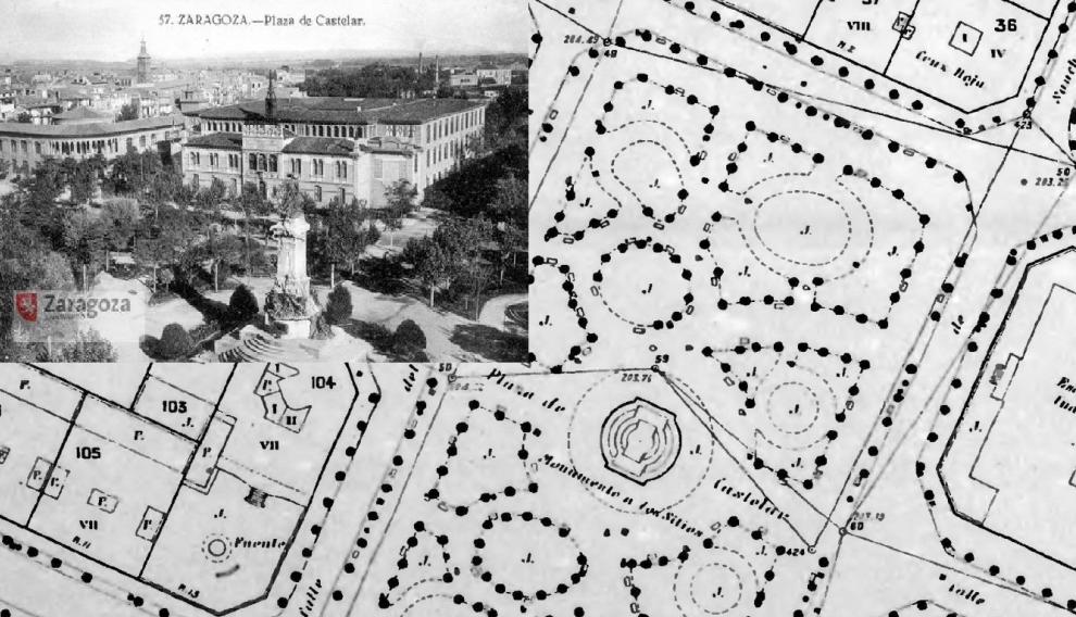 Plano e imagen de la plaza de los Sitios en 1935, cuando era conocida como "de Castelar".