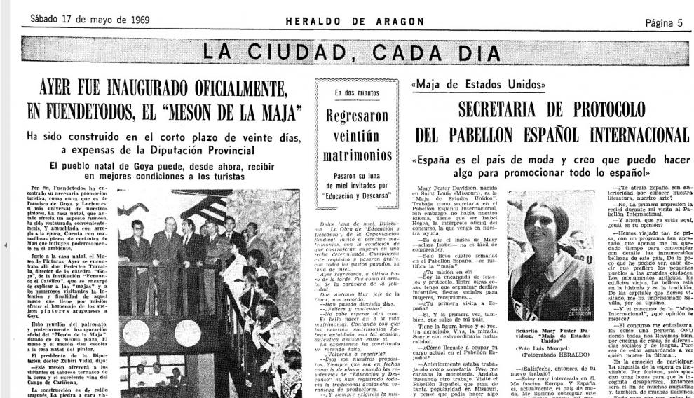 La inauguración del Mesón de la Maja fue el 17 de mayo de 1969, como muestra Heraldo de Aragón.