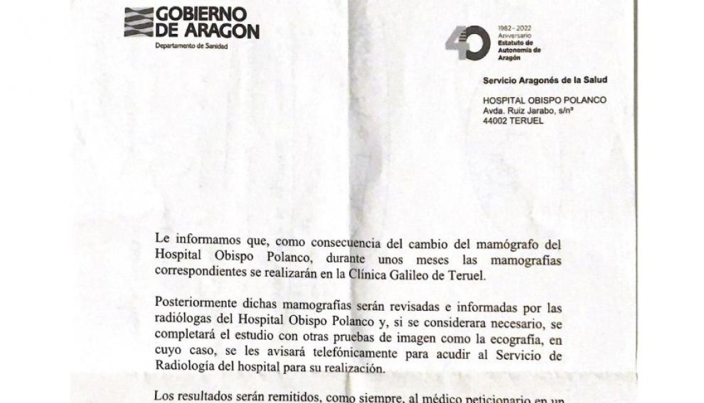 Carta remitida el pasado octubre a las usuarias por el Obispo Polanco.