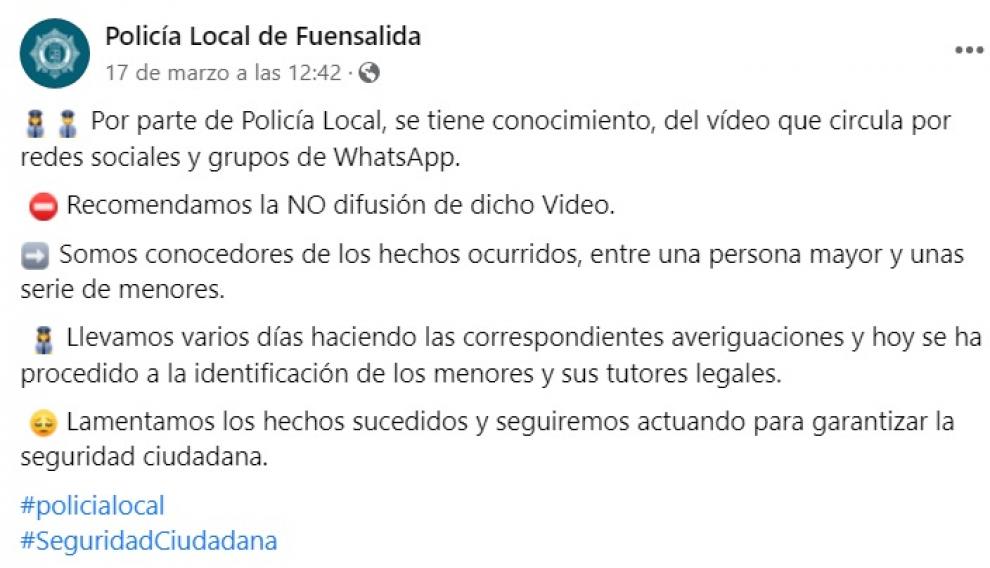 Mensaje de la Policía Local de Fuensalida en Facebook