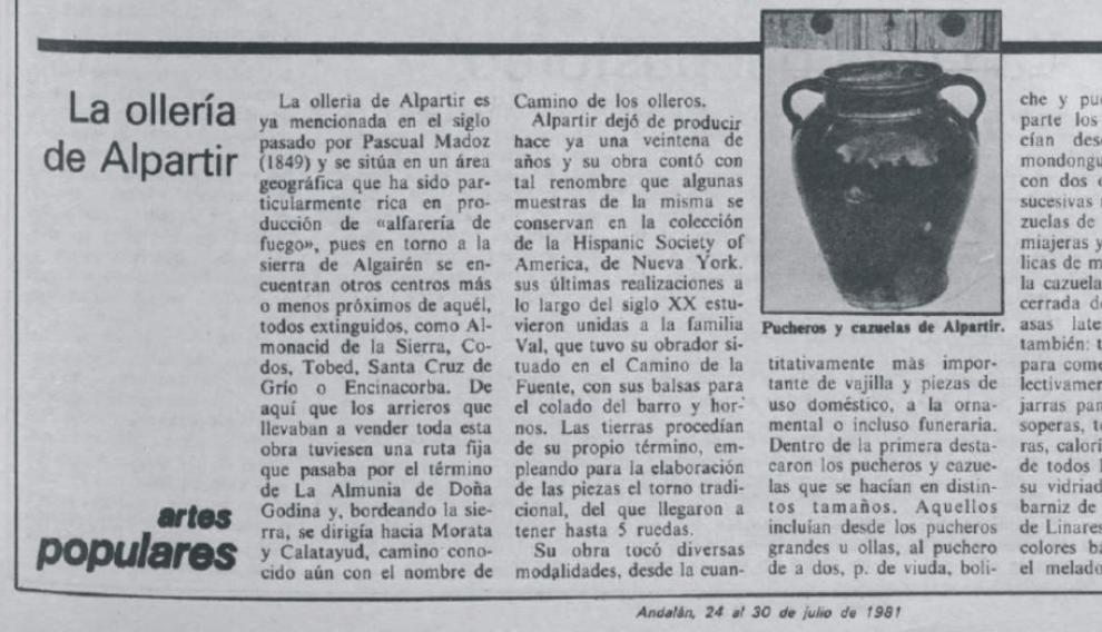 Artículo publicado en Andalán en 1981 sobre 'La ollería de Alpartir'.