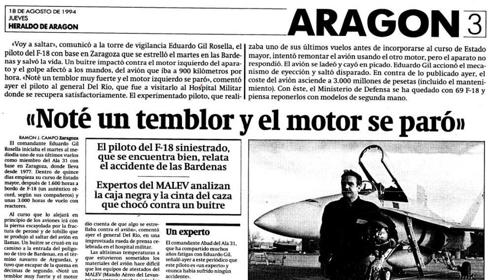 Entrevista al piloto de los F-18, Eduardo Gil Rosella, en HERALDO DE ARAGON, el 18 de agosto de 1994, dos días después del accidente que sufrió en el polígono de Bardenas.